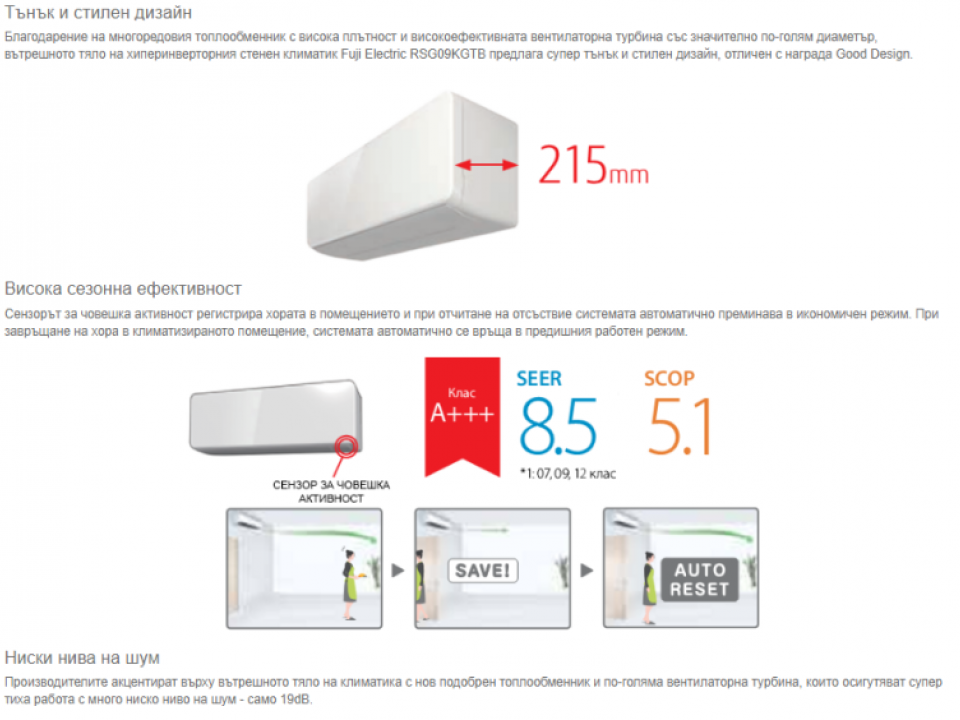 Fuji Electric Луксозна серия Стенен тип Хипер инвертор,  RSG07KGTB капацитет 7 000 Btu, R32, 2.0 kW